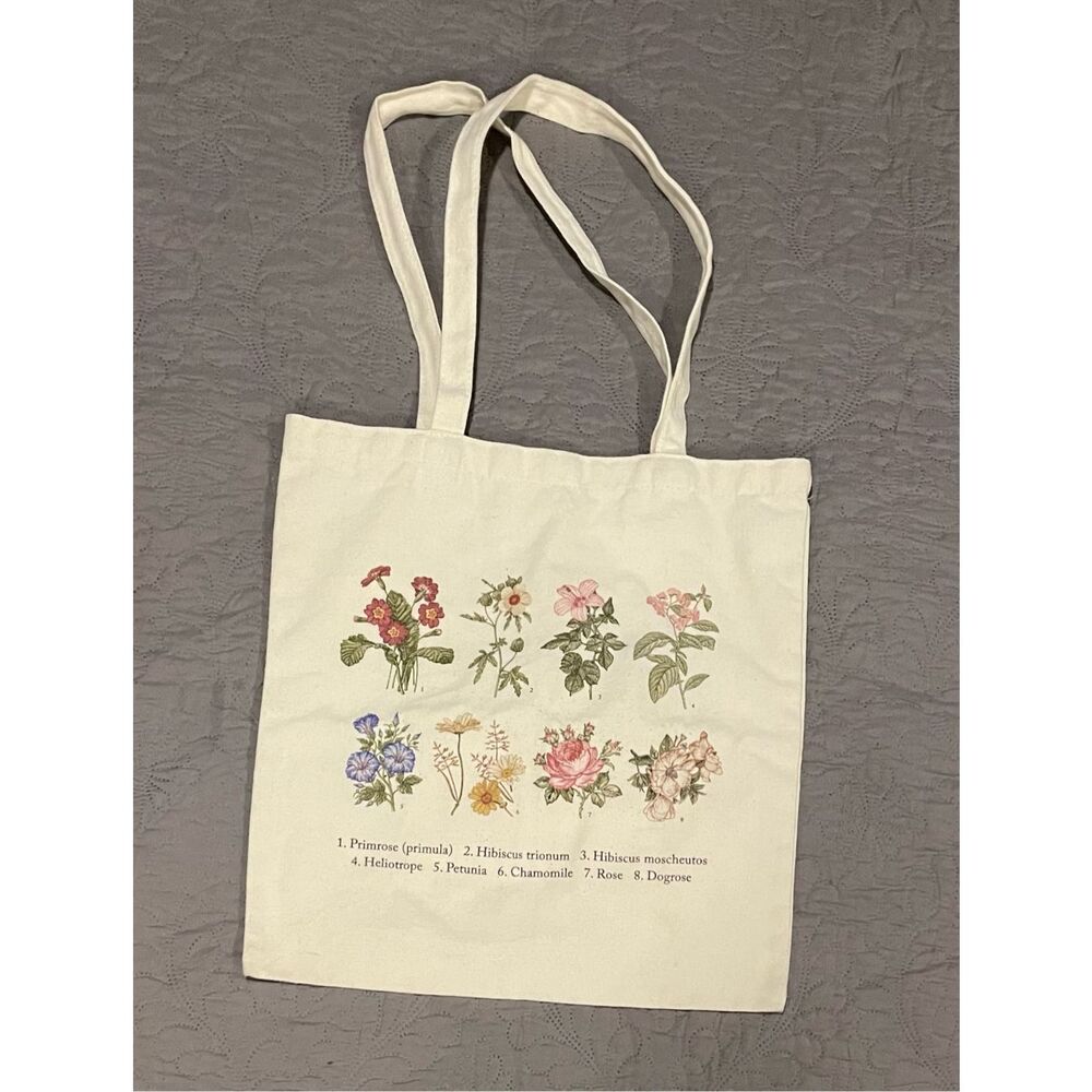 Holistic Vintage Looking Floral Blossomy Canvas Small Tote Bag 15” Square Cream